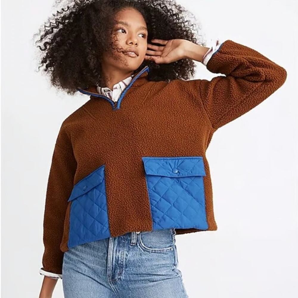 Madewell Fleece Popover Jacket Brown Blue Gorpcore Quilted Fall Layering XXS
